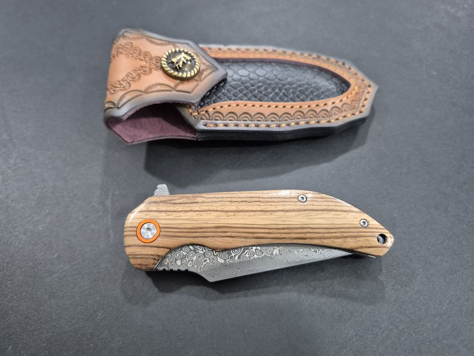 Сгъваем нож дамаска стомана с кожена кания,SD16