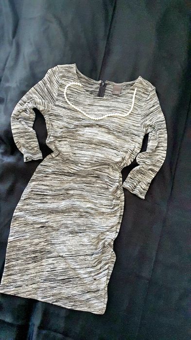 Rochie ICHI gri mulata casual chic elastica S M maneca 3 4 vascoza office