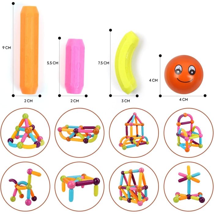 Set Magnetic cu Bete si Bile, 128 de Piese, Constructii 2D si 3D