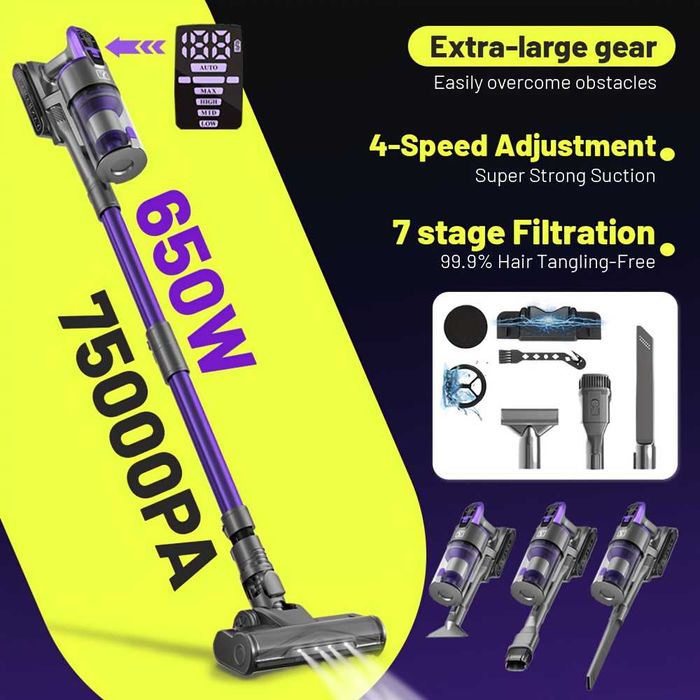 Безжична Вертикална Прахосмукачка - Yanhama H5 650W 75000Pa, 4-в-1!