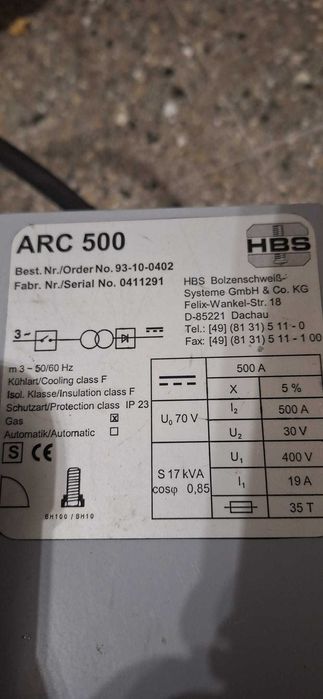 aparat sudura stifturi (bolturi-nituri) HBS ARC 500