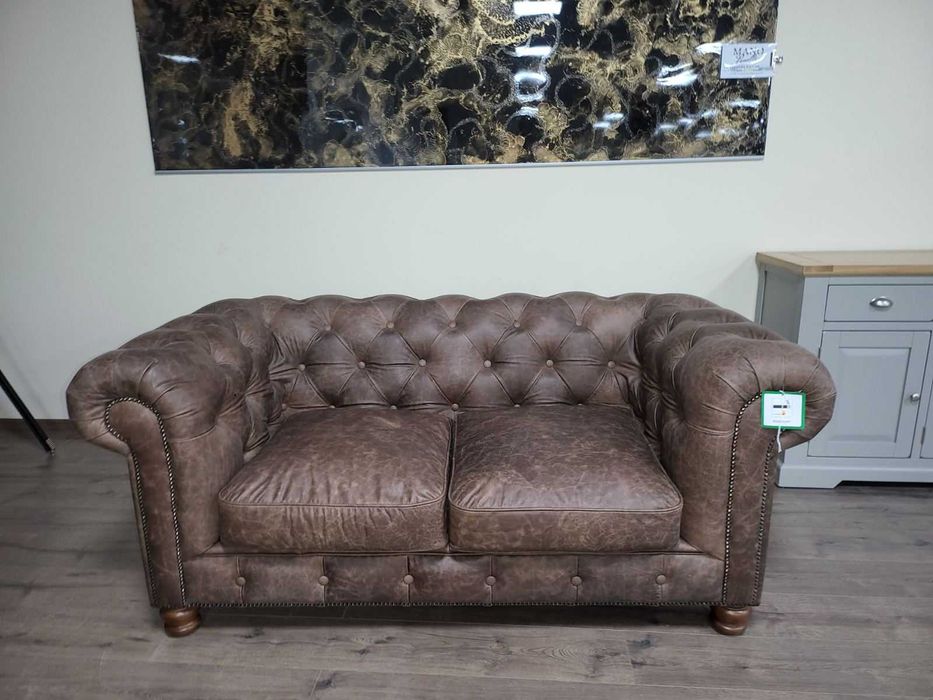 Антично кафяв кожен комплект тройка и двойка Честърфийлд