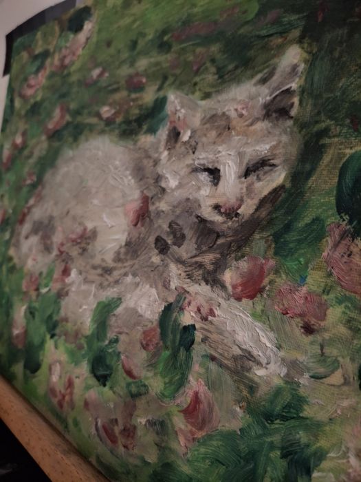 Картина – Коте на полянка, с маслени бои