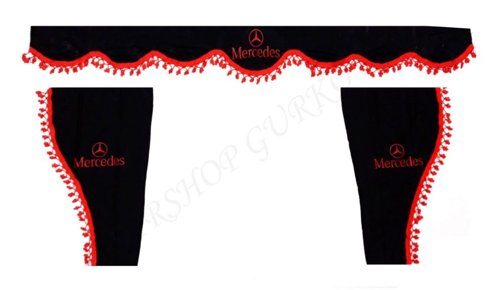 Черни пердета с червени пискюли и лого за камиони