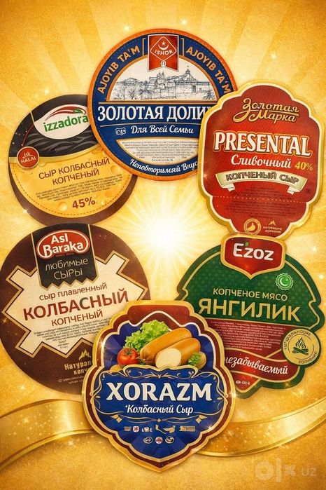 Etiketka, наклейка, gel, kosmetika, ziravorlar, qurilish mollari, oziq