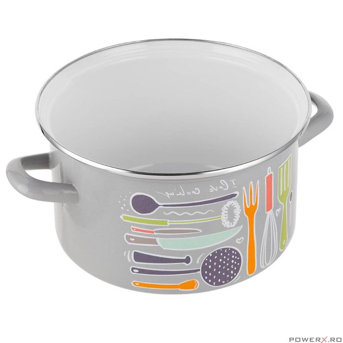 Oala Staffio, cu capac din sticla, otel carbon, emailata, gri,