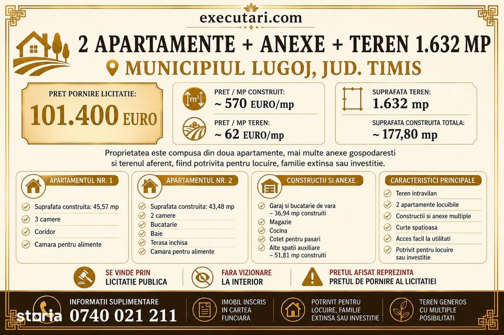 2 Apartamente - 88mp + Anexe + Teren - 1.632mp, Lugoj