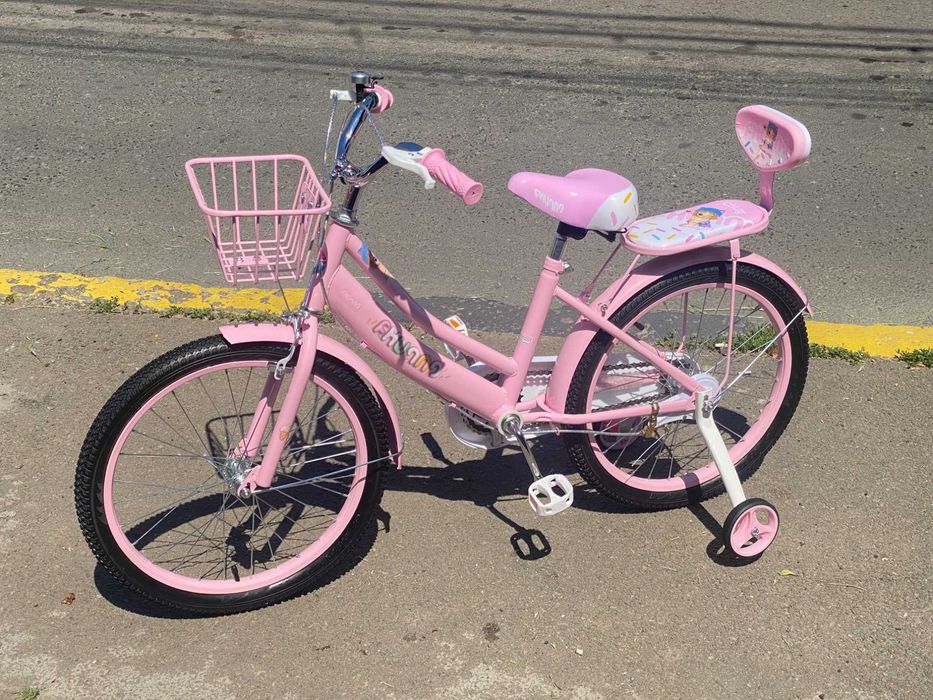 Bicicletă fetițe 4-7 ani, 16”, roți ajutătoare, coș/portbagaj metalic