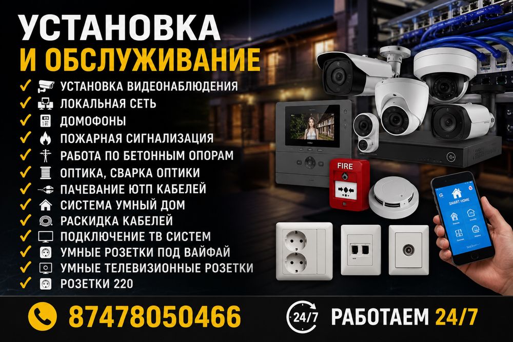Установка видеонаблюдения, локальная сеть, пожарная сигнализация