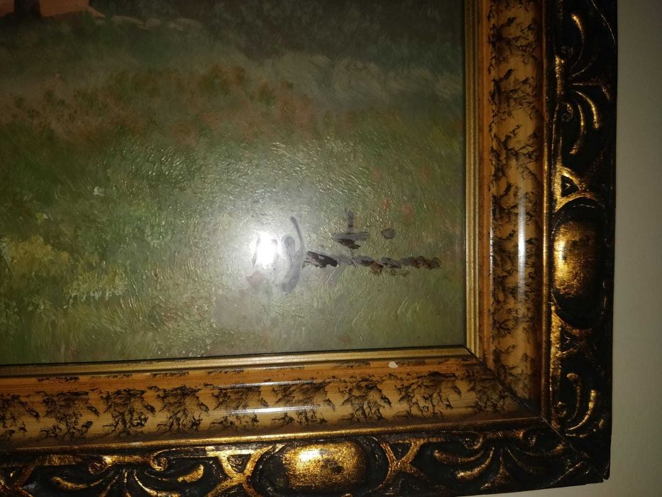 Tablou decorativ vechi – peisaj cu moară de vânt – ramă aurită masivă