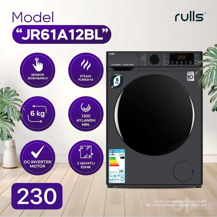 Rulls Kir yuvish mashinasi 8kg garantiya dastavka ustanovka bor
