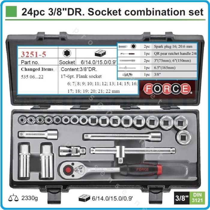 Комплект Гедоре 3/8" 6-стен 6-22мм 24 части FORCE 3251-5