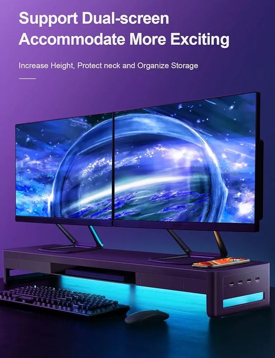 3в1 Стоиказа 2 монитора с 4 USB порта,Безично зарядно 2 чекмеджета