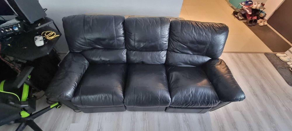 Canapea piele cu recliner manual picioare, 3 locuri