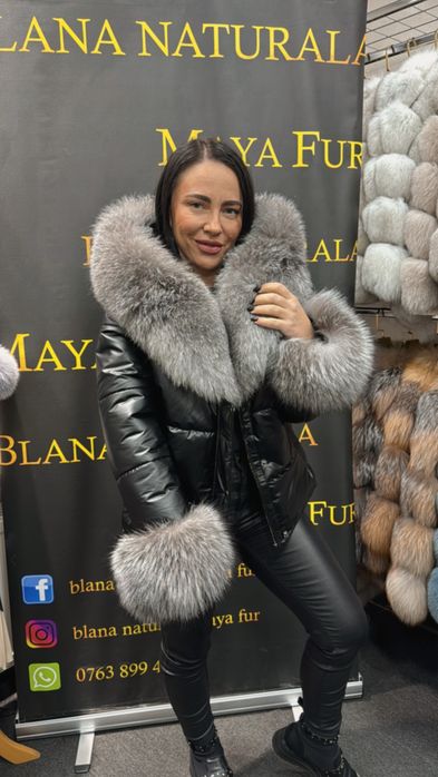 Geaca din fas impermeabila,accesorizata cu blana naturala premium