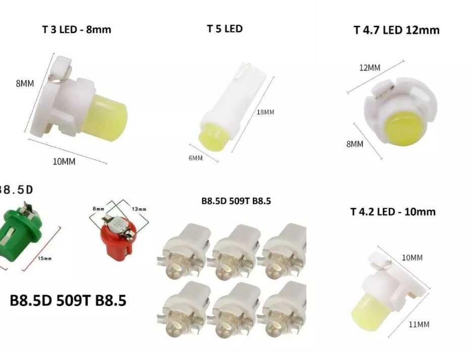 Bec Led Bord Auto T4.7/T4.2 / T3 / T5 B8.5 B8.5D /T5 W3W 12-24V  Ect