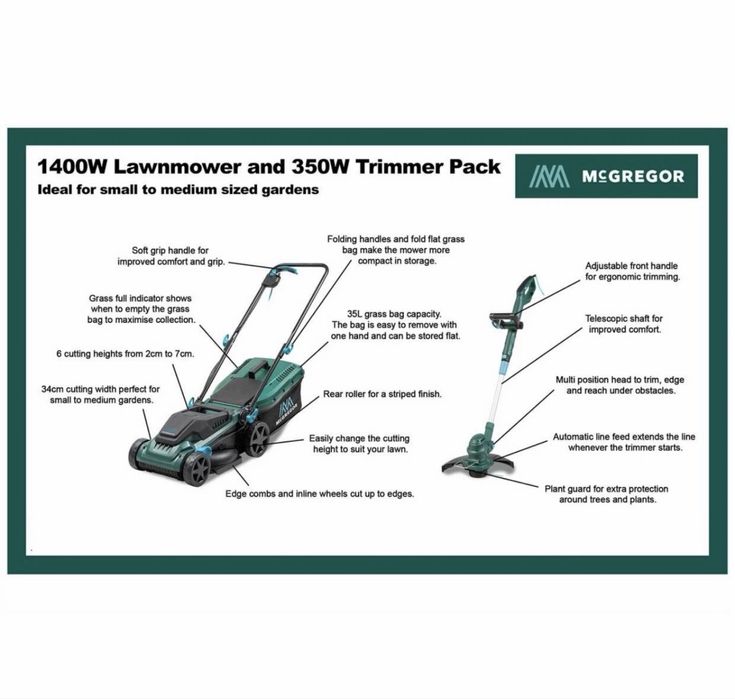Kit Mașină de tuns iarba McGregor de 34 cm, 1400 W  + Trimmer 350W