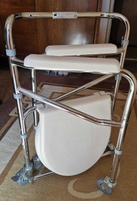 Scaun cu toaletă, cu roți, pliabil, reglabil, alb