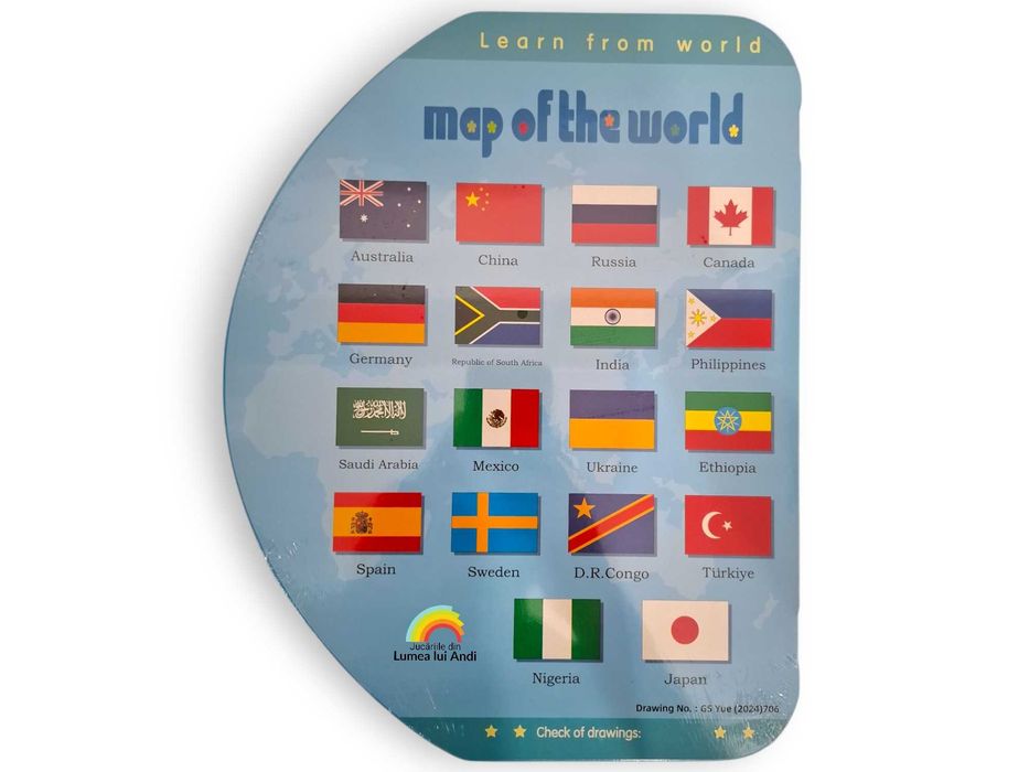 Harta Lumii din lemn cu 36 steaguri