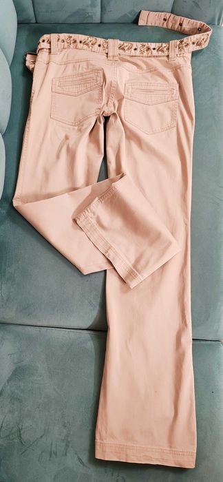 Pantaloni bej/tan cu broderii și centură textilă, feminini, casual- Zara TRF - Mărimea 40