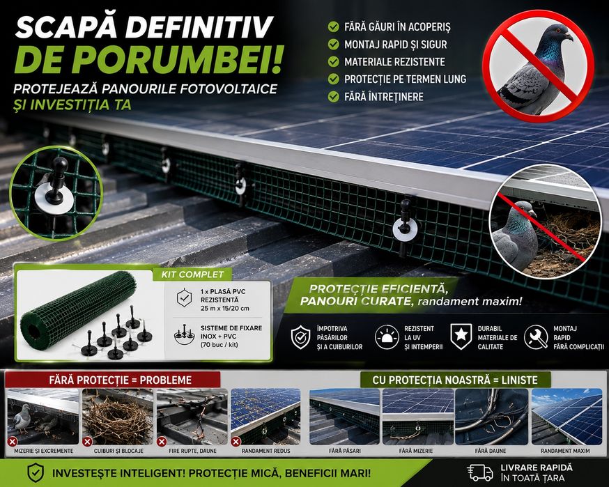 % Plasă Anti Porumbei pentru Panouri Fotovoltaice | La Metru sau Rolă | Kit cu 70 Fixări Aluminiu