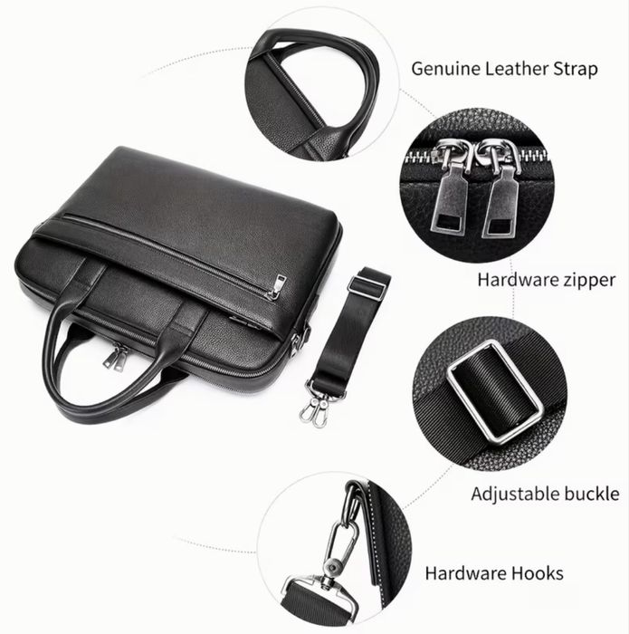 Мъжка елегантна чанта за лаптоп 15”/Офис куфарче от черна естест. кожа