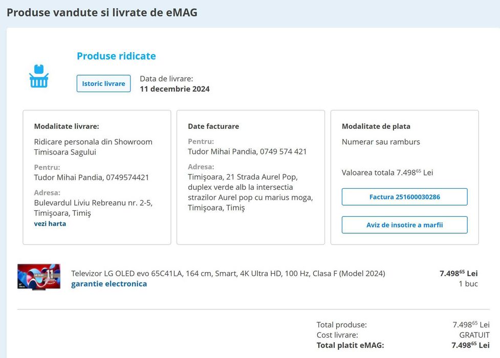 TV LG OLED C4 65 inch factura garantie emag
