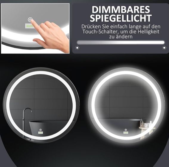 LED Димируемо огледало за баня с функция памет Ф60 Kleankin