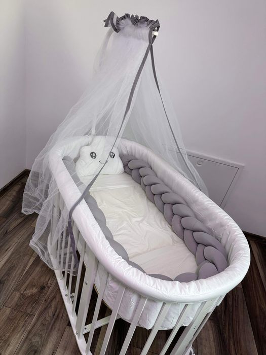 Patut lemn Fairytale Mobexpert cu saltea bambus si baldachin incluse