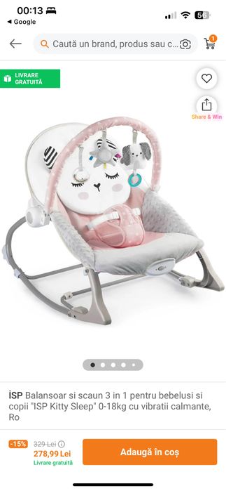 Balansoar si scaun 3 in 1 pt bebelusi cu vibratii calmante