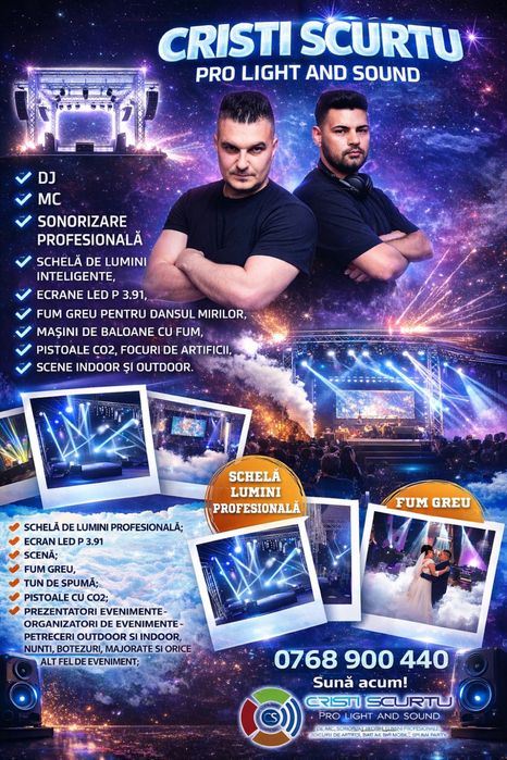 Scena, Ecran led, Sonorizare, Schela de lumini  Dj Mc, Fum Greu,
