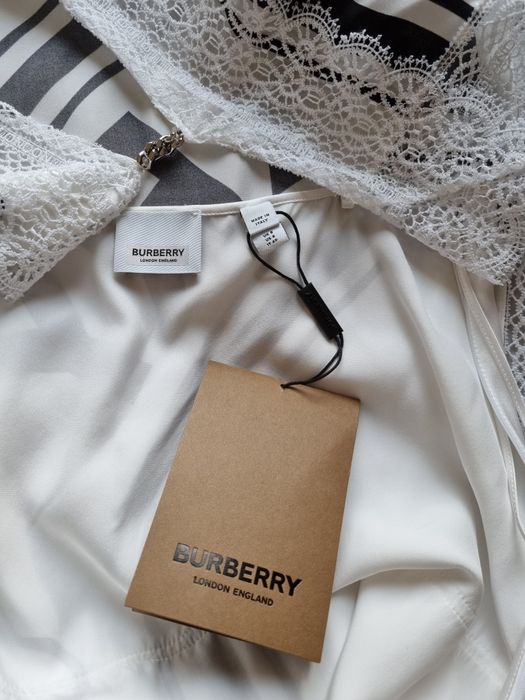 BURBERRY бяла midi рокля S/Mразмер коприна дантела лого официална Нова