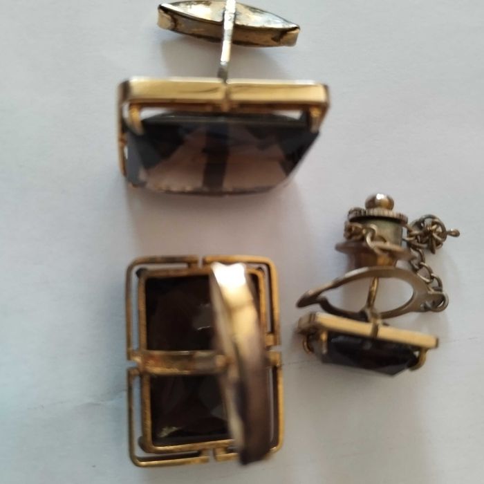 Копчета за ръкавели и игла за вратовръзка с камъни опушен топаз