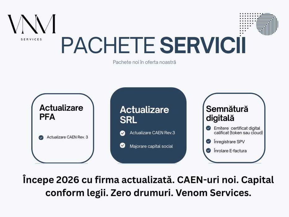 Înființare firmă. Găzduire sediu 100% online Acces SPV Certif. Digital