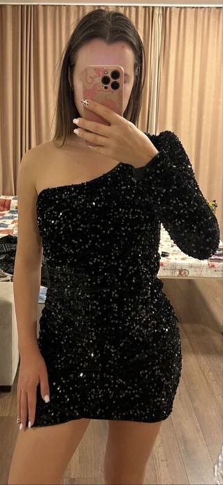 Парти дамска рокля с пайети с едно рамо