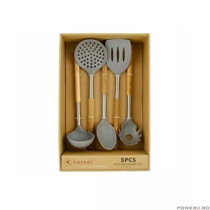 Ustensile de servire, 5 piese, lemn de salcam si otel, Kassel