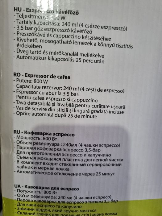 Espressor de cafea Selecline 155801 de 800W,  cu 3,5 bar pt 4 ceşti