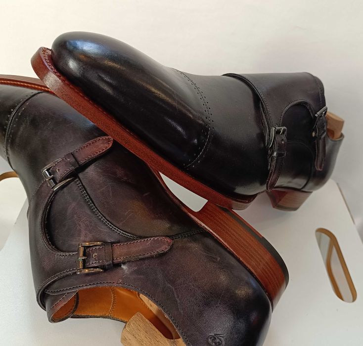 Panfofi de lux 45.5 46 46.5 monk GREVE NOI lucrati manual piele patina