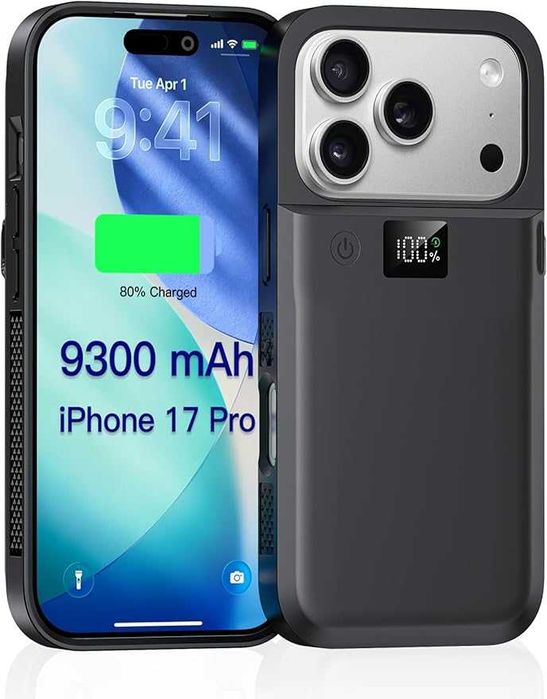 Husă cu acumulator 9300mAh pentru iPhone 17 Pro, Wireless 7.5W (Negru)