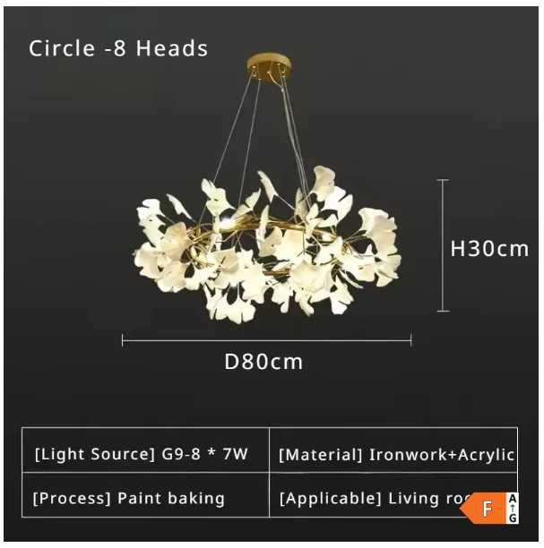 Lustra eleganta pentru living, cu frunze de Ginkgo din acril, 8 brate