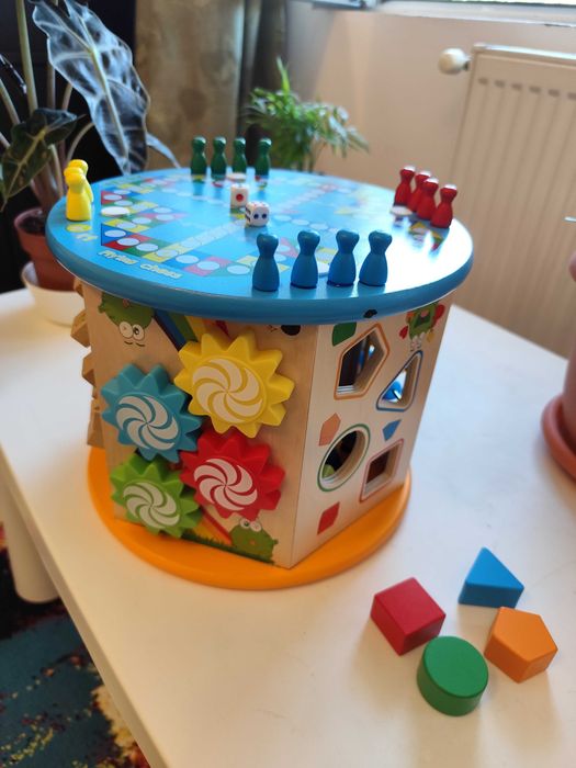 Cub activitati educative copii PROCART, 8 in 1, ceas, labirinturi, abac, forme geometrice, lemn, 1 an +, multicolor