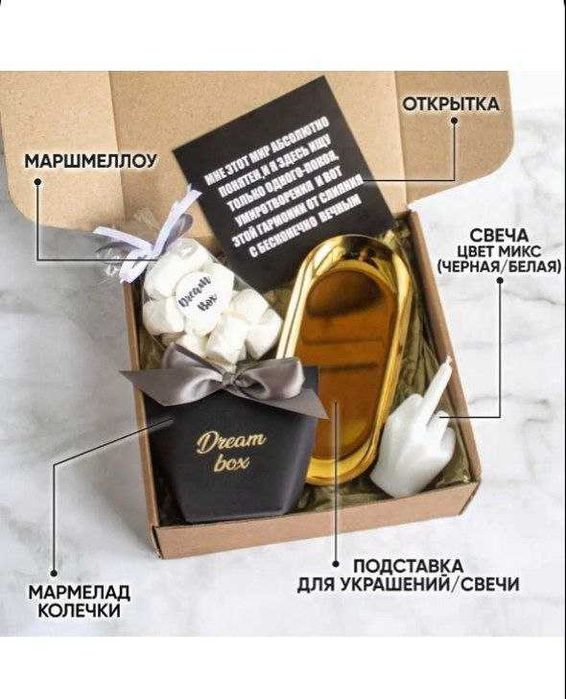 Подарочный набор с приколом
(Свеча, подставка,маршмеллоу,открытка)