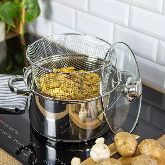 Oala din inox cu sita-cos pentru prajit, cu capac sticla, 24 cm 5.5l