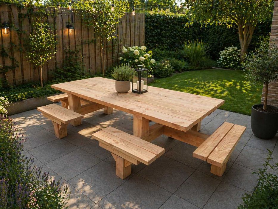 Masă picnic lemn masiv 12 persoane 370x178x80 cm – nouă, robustă