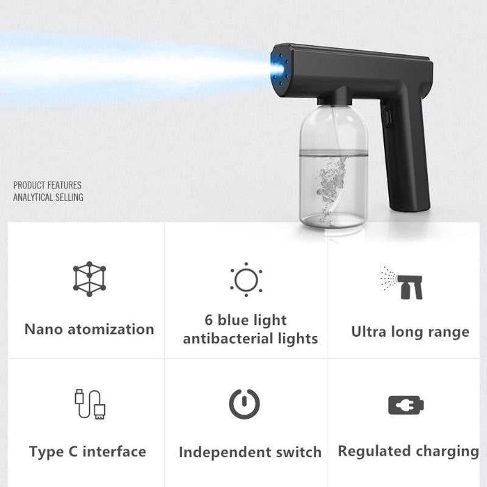 Pistol nano-pulverizare 2 duze cu atomizor  K7 -8 led ULV 2025