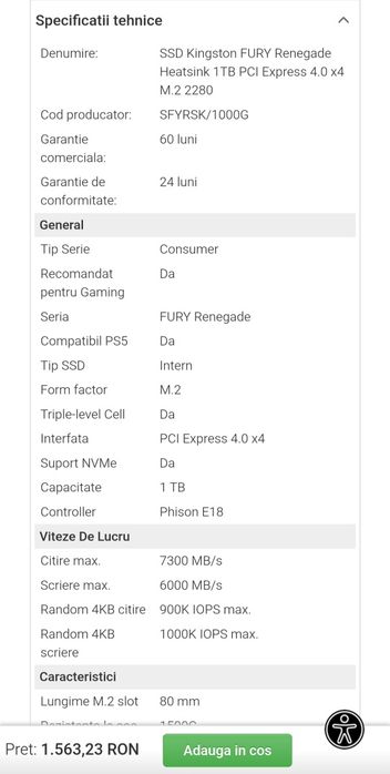 Ssd Kingston fury renegate gen.4 1tb nvme m.2 + heat sink
