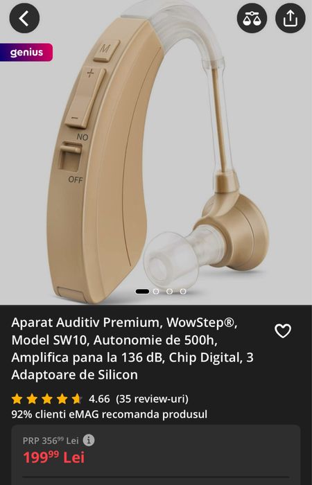 Aparat auditiv, doar probat. Autonomie 500h, 3 adaptoare din silicon