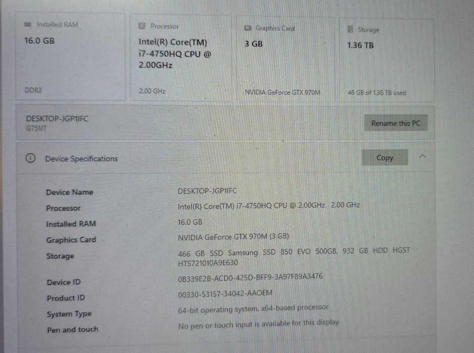 Vand  Assus gaming G751J