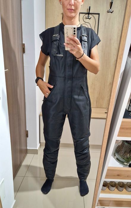 Pantaloni salopetă moto damă piele