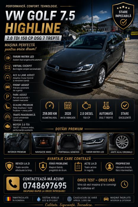 Volkswagen golf 7,5 Highline - 2.0 TDI, 150 CP, DSG 7 trepte - an fabricatie 2020